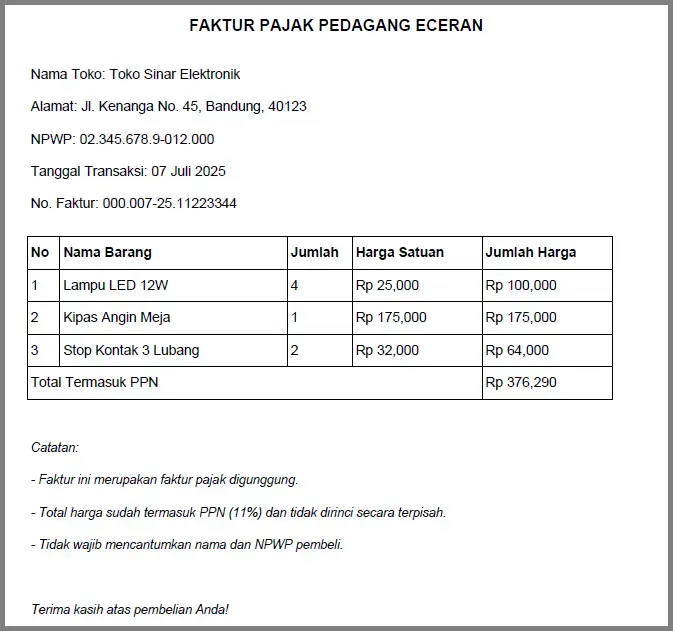 Contoh Faktur Pajak Pedagang Eceran